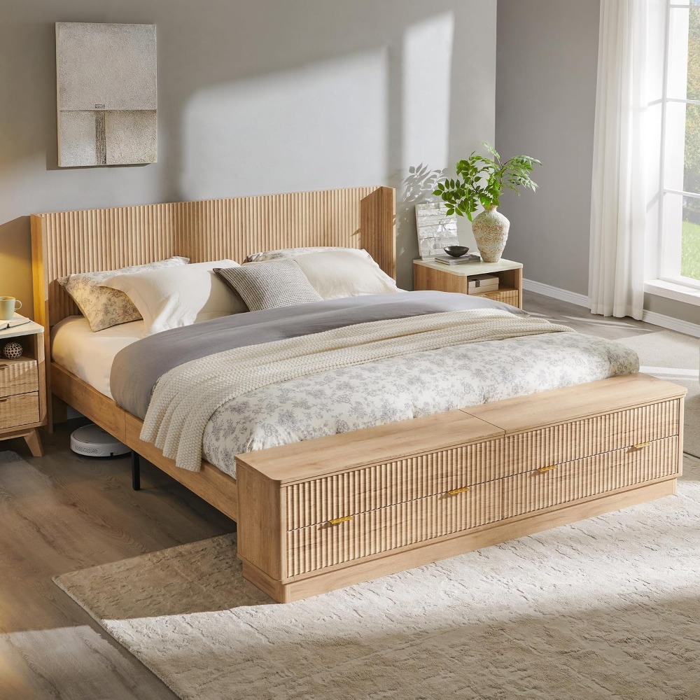 King Size Bed Frame With Storage Drawers - キングサイズベッドフレーム、収納ベンチ付き、ウィングバックヘッドボード、引き出し、木製スチールプラットフォーム、静音、ボックススプリング不要