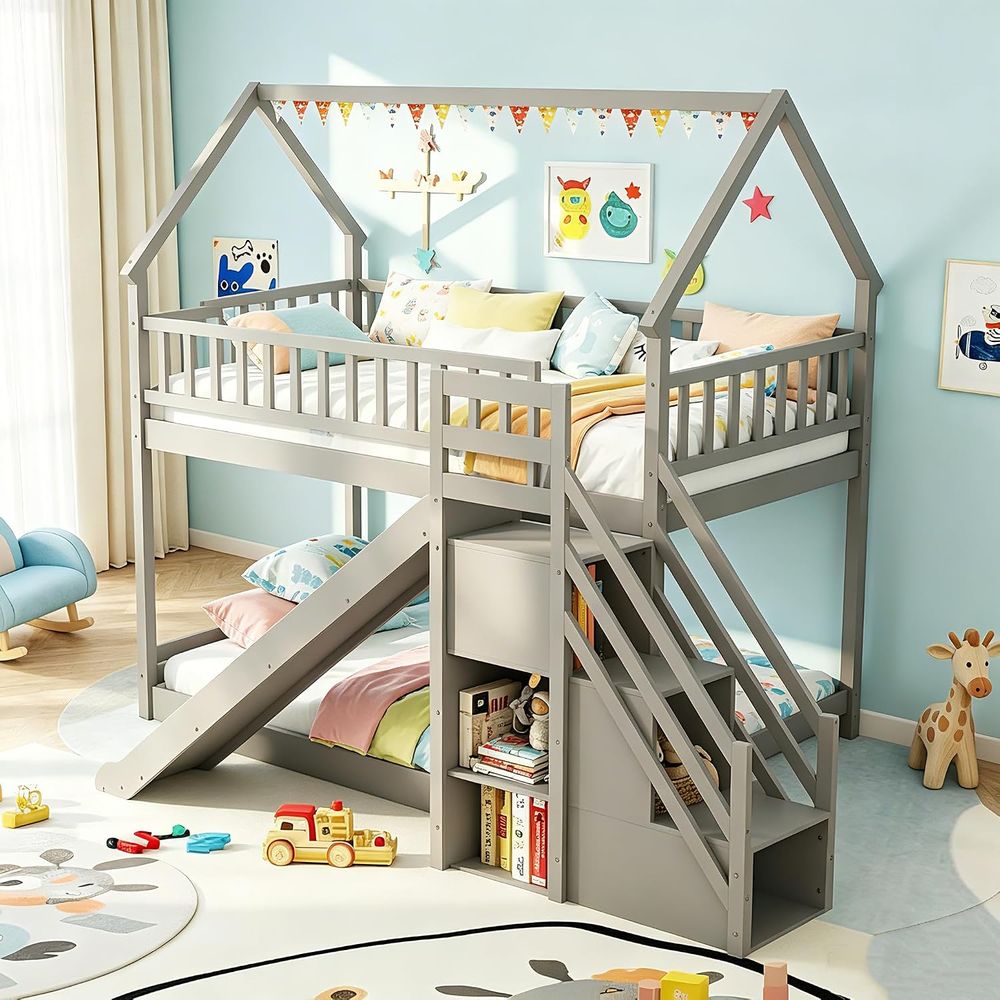 Bunk Bed With Stairs And Slide - ツインオーバーツイン二段ベッド（スライド＆階段付き）、木製二段ベッド（収納棚付き）、ボックススプリング不要、子供用ツインフロアベッド T