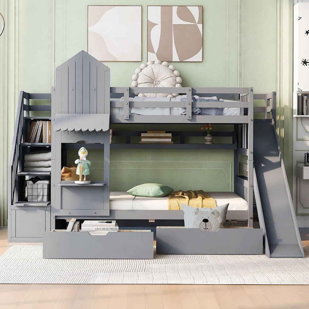 Bunk Bed With Stairs And Slide - 子供用二段ベッド（階段と滑り台付き）、木製ツインオーバーツイン二段ベッド（収納棚と棚付き）、キャッスルスタイル二段ベッド