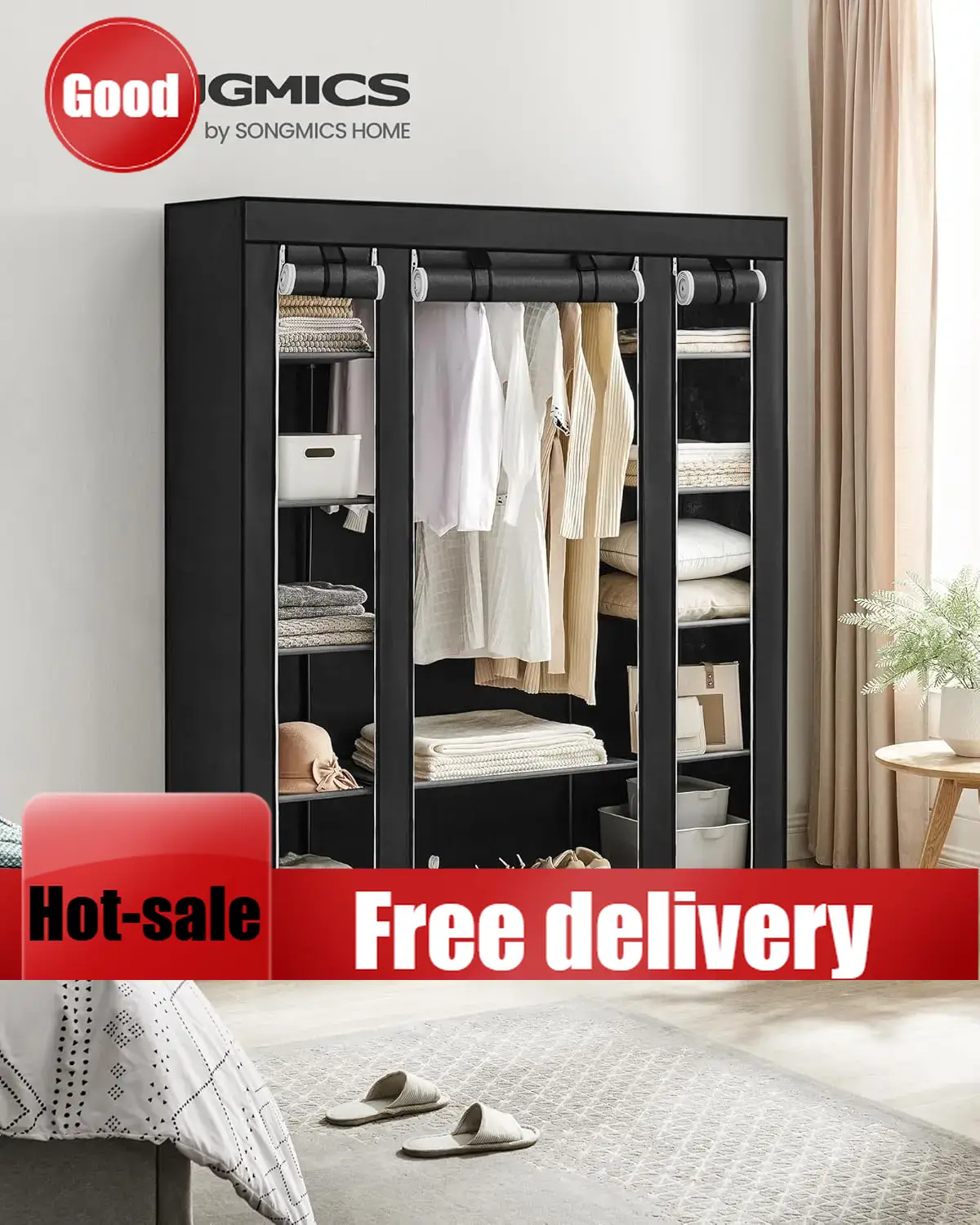 Wardrobe Closet Portable Fabric Cover - Cheng-Closet ワードローブ、寝室用ポータブルクローゼット、不織布カバー付き衣類レール、衣類収納オーガナイザー、59 x 17。