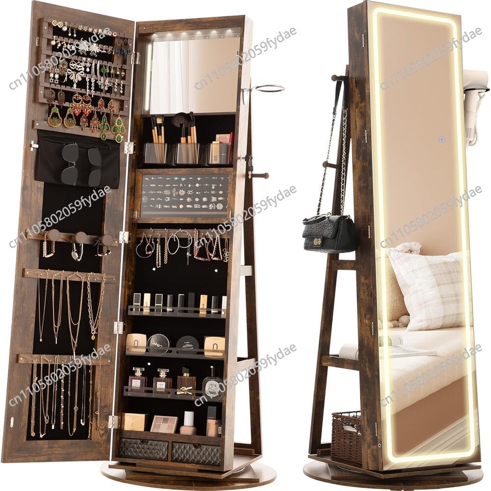 Full Length Mirror Jewelry Armoire - ミラー付きジュエリーキャビネット、360度回転式 ° 回転式ジュエリーアルモア、全身鏡と調節可能なLEDライト付き