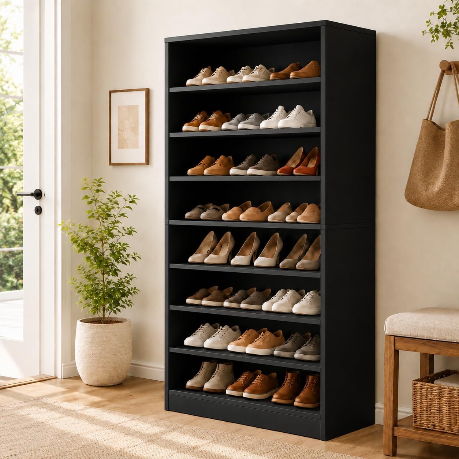 Shoe Rack Cabinet Narrow Entryway - 9段の背の高い靴棚キャビネット、クローゼットと玄関用、ブラック | 木製の狭い靴収納キャビネット、カスタムメイド