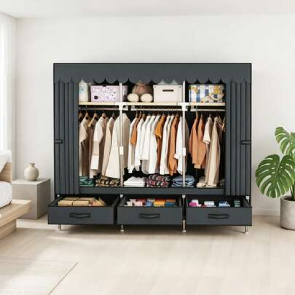 Wardrobe Closet Portable Fabric Cover - 厚さ16mmのスチールフレームと不織布カバーを備えたポータブルワードローブクローゼット、3本のハンガーロッド、3つの棚、3つの引き出しを備えた自立型衣類ラック収納オーガナイザー、寝室、寮、アパートの衣類収納用の頑丈な金属製ワードローブクローゼット