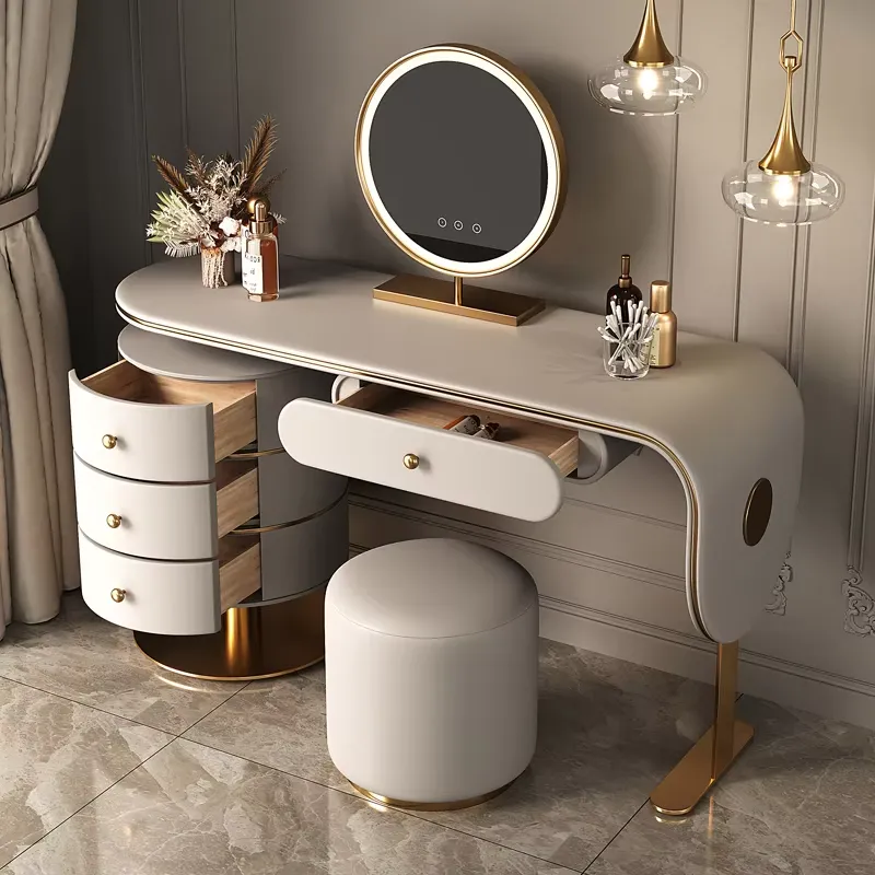 Dressing Table Vanity With Lighted Mirror - カスタムメイド高級木製ドレッシングテーブルセット、寝室用ライト付き家具、LED化粧鏡、スマートドロワーパネル付きバニティ