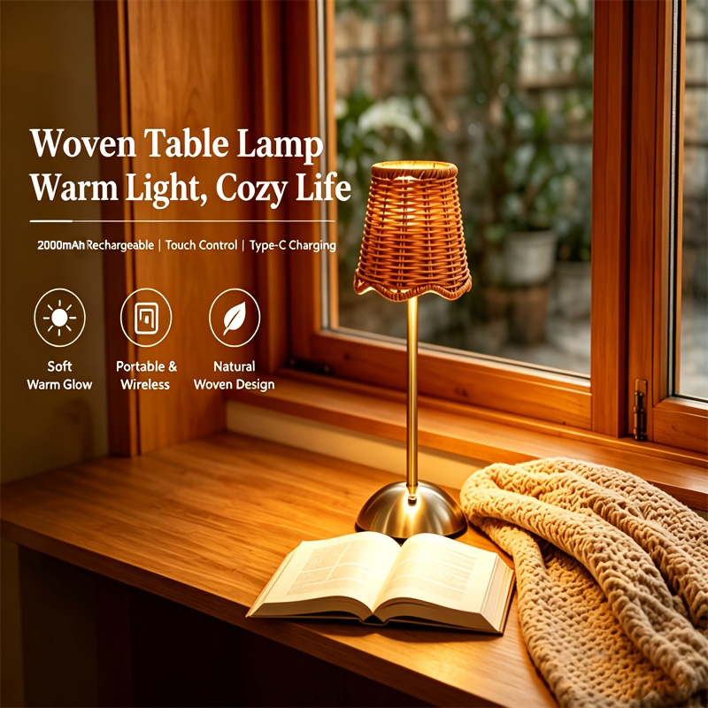 Bedroom Furniture - ボヘミアンスタイルの編み込みラタンアートテーブルランプ、3段階調光、タッチコントロール、USB、金属製、寝室、リビングルーム、書斎、ダイニングルーム照明、家族や友人へのギフト