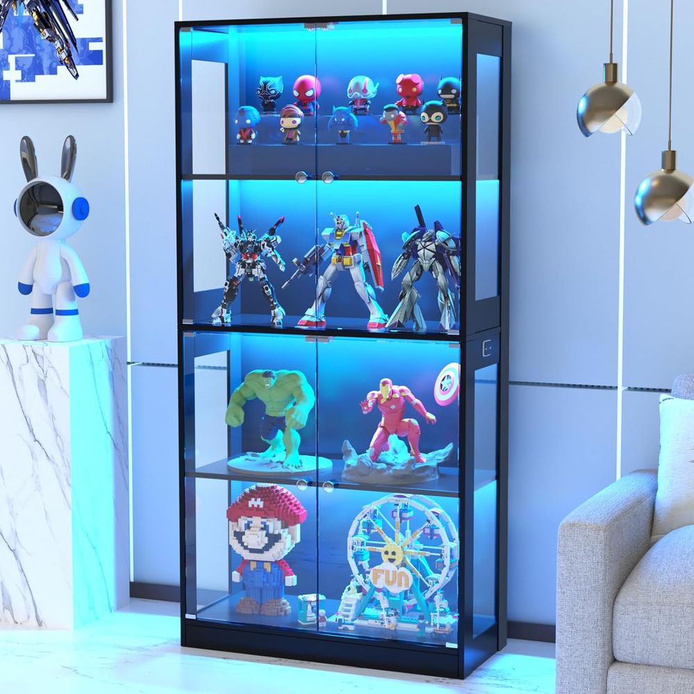 Storage - 65ガラス扉ディスプレイキャビネット、センサー照明付き4段キュリオケース、リビングルームブックケース収納