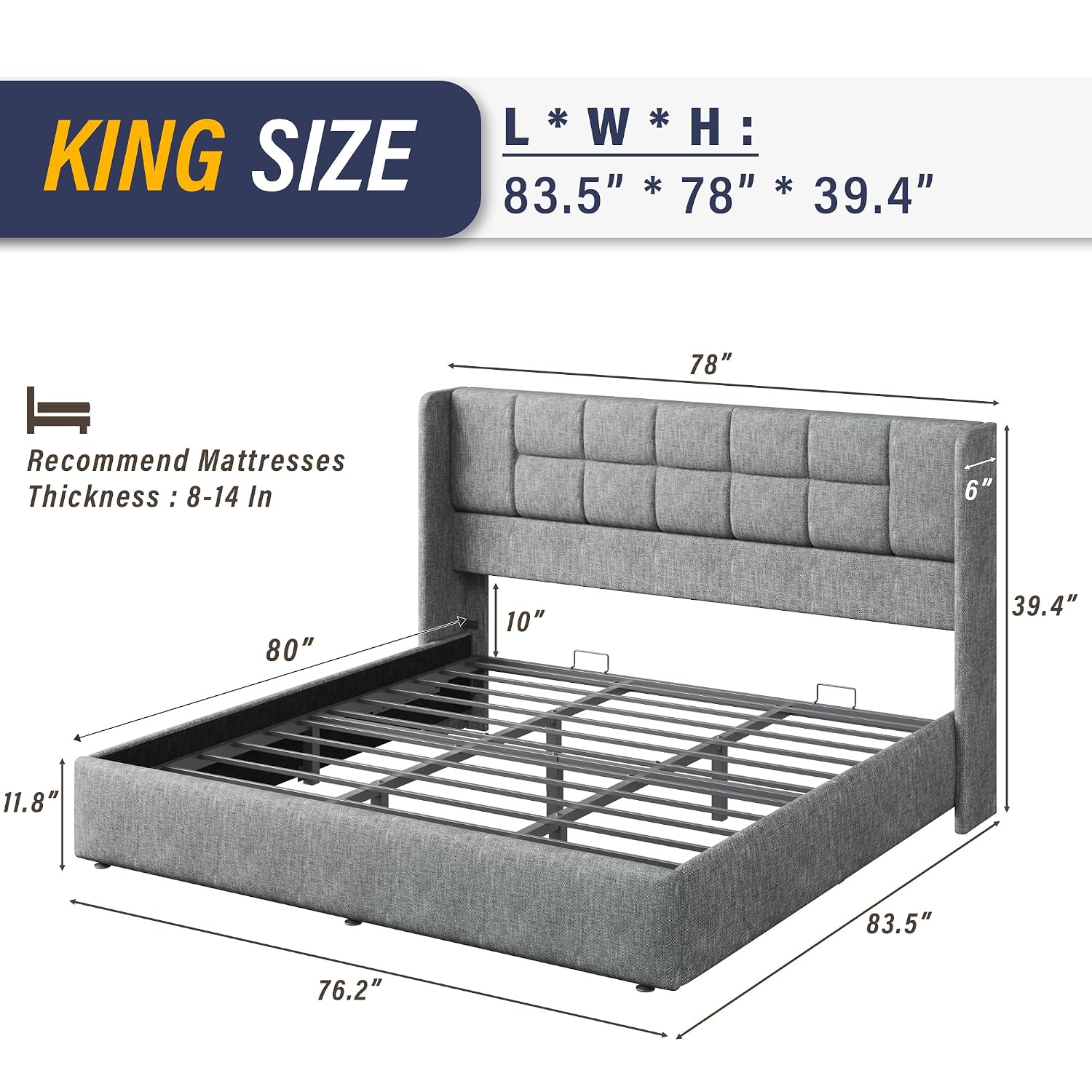 Gas Lift Storage Bed Hydraulic - キングベッドフレーム、油圧式ガスリフト収納付き、カスタマイズ可能