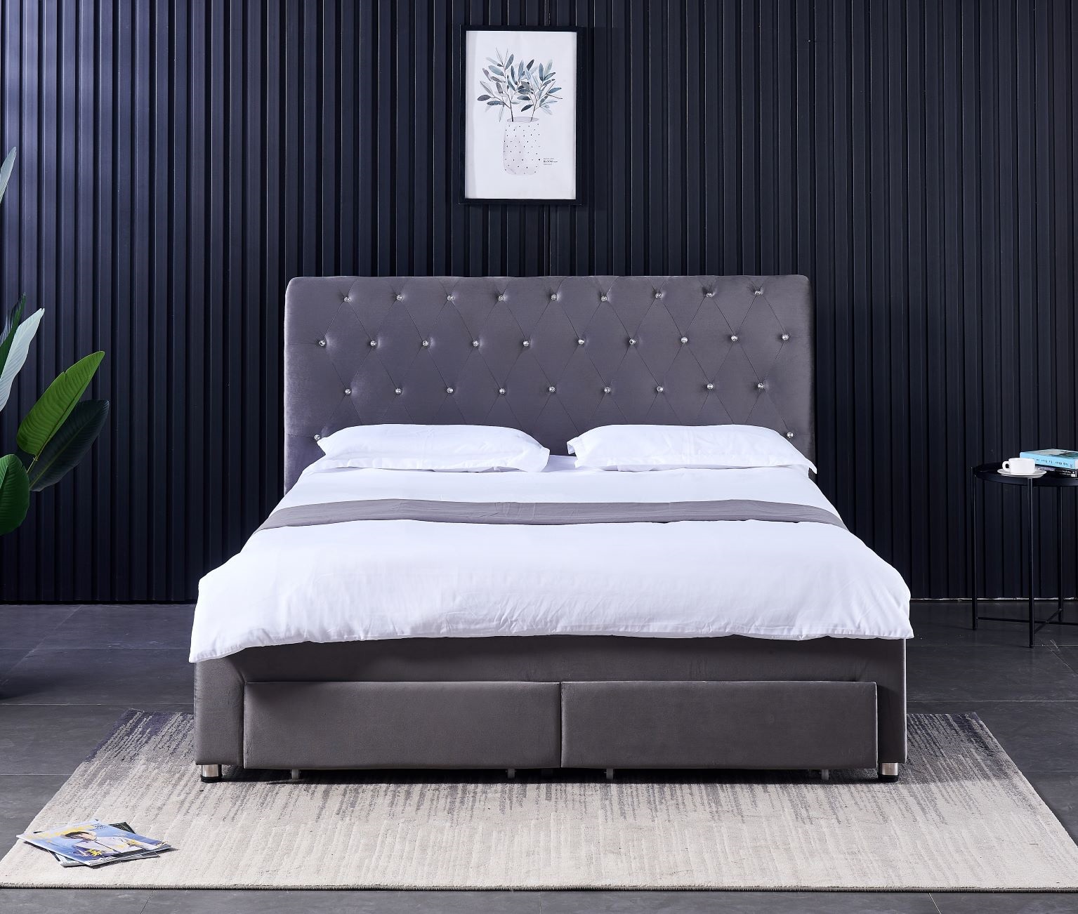 King Size Bed Frame With Storage Drawers - モダンなダブルベッドフレーム、4つの収納引き出し付き、寝室家具用キングサイズベッド