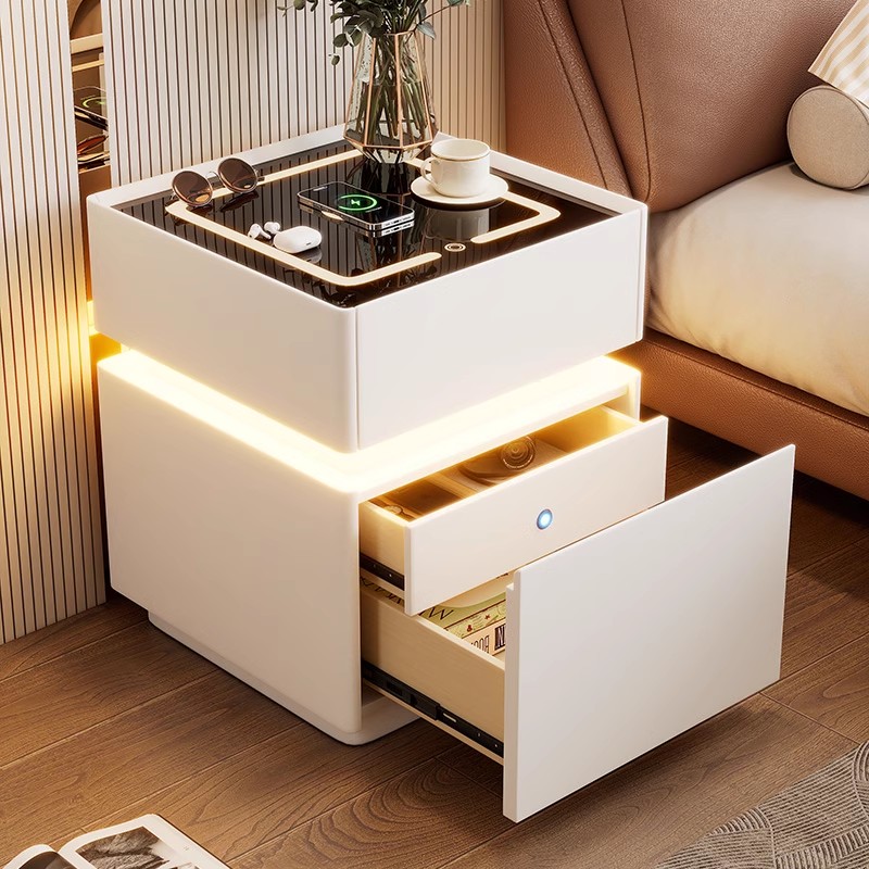 Solid Wood Nightstand 2 Drawers - センサーライト付きインテリジェントベッドサイドテーブル 木製寝室ワイヤレス充電ナイトスタンド 組み立て済み3段引き出しサイド収納キャビネット