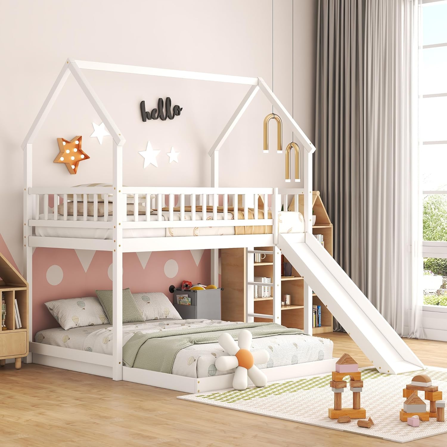 Bunk Bed With Stairs And Slide - 階段と滑り台付きハウス型二段ベッド | ツインオーバーフル木製二段ベッドフレーム（寝室用、ホワイト、カスタマイズ可能）