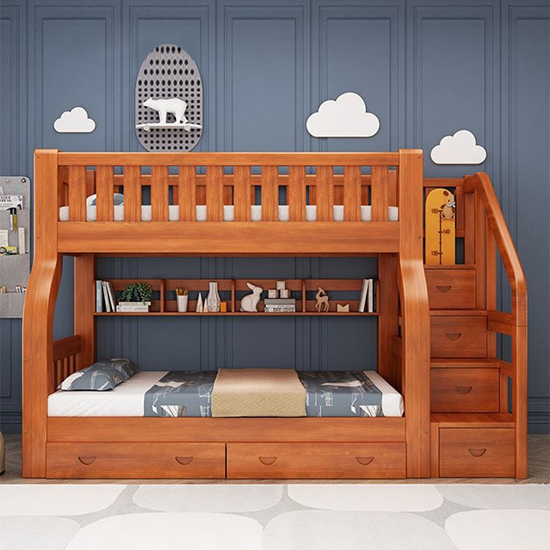 Bunk Bed With Stairs And Slide - 女の子用大人用無垢材フレームダブル子供用ベッドキングサイズモダン寝室家具子供用二段ベッドスライドと階段付き！