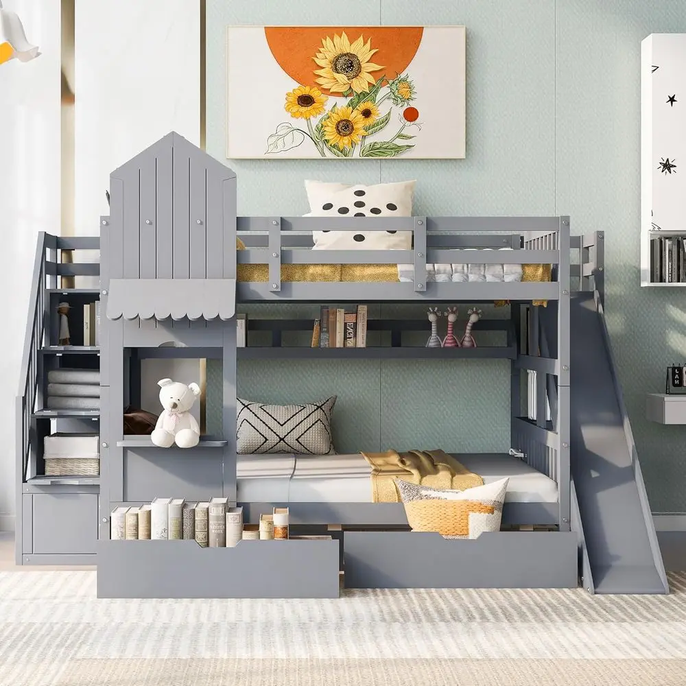 Bunk Bed With Stairs And Slide - フルサイズのオーバーフル二段ベッド、階段、スライド、収納引き出し、本棚付き - グレー
