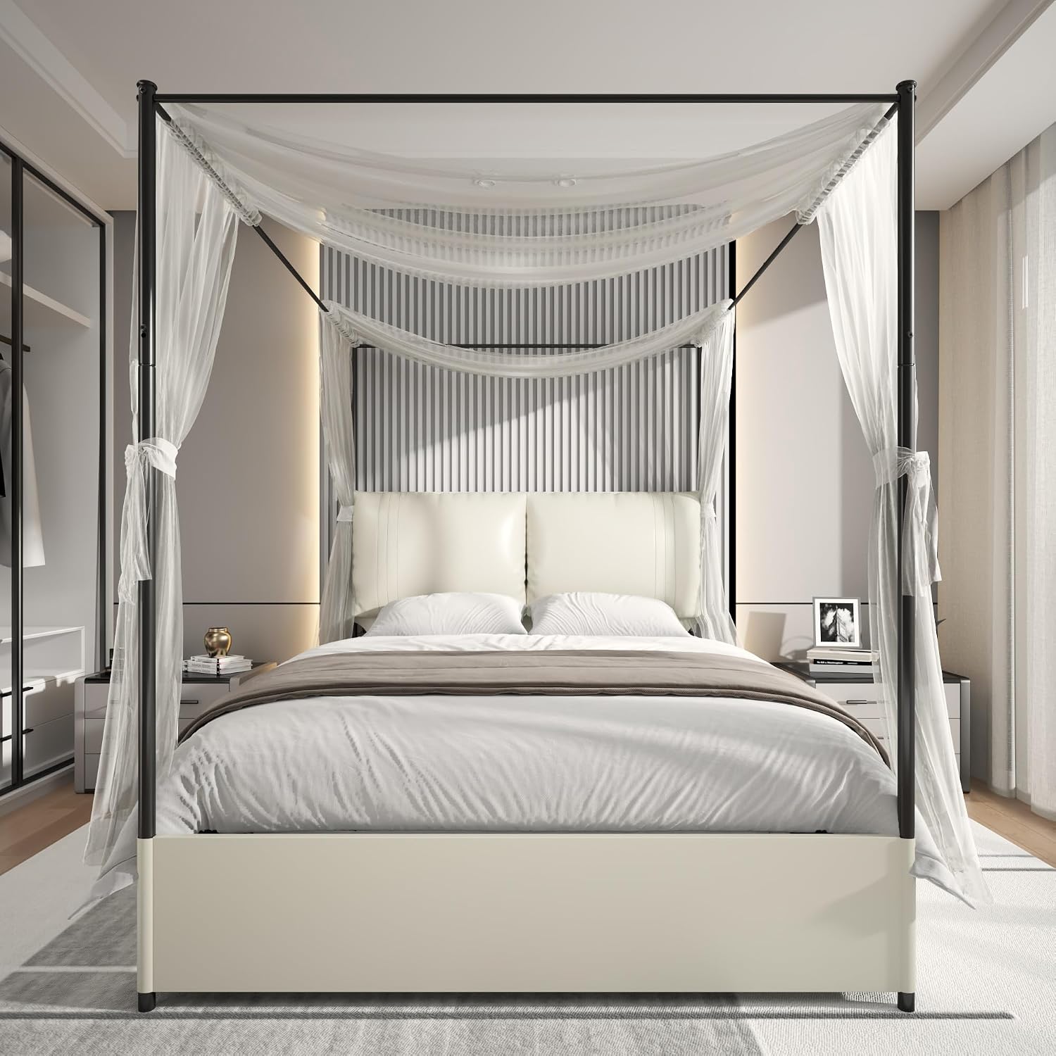 Canopy Bed Frame Metal Queen - クイーンサイズのキャノピーベッドフレーム、布張りヘッドボード、金属製サポート、組み立て簡単、ボックススプリング不要、ホワイト、カスタマイズ可能