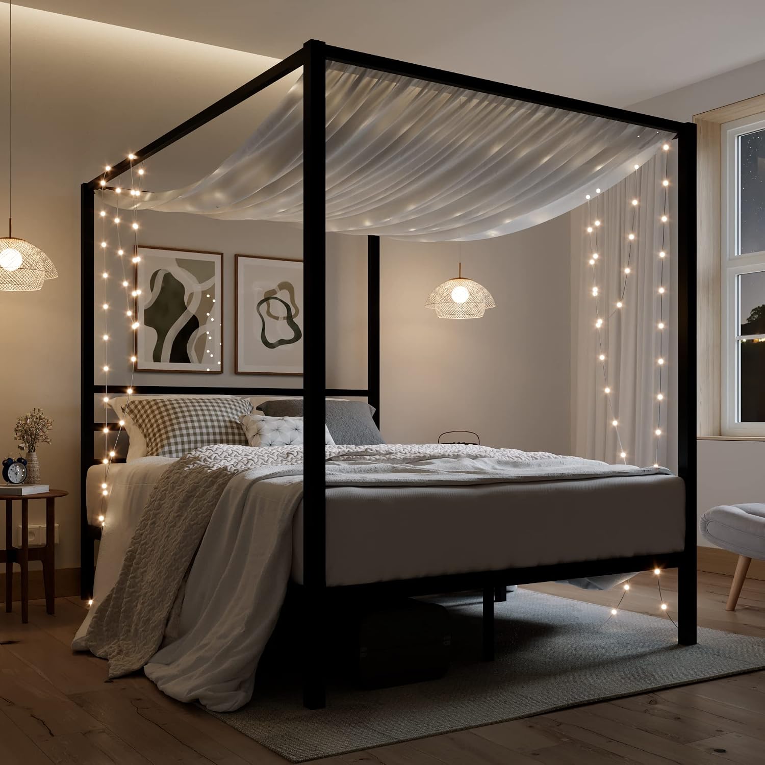 Canopy Bed Frame Metal Queen - 金属製キャノピーベッドフレーム クイーンサイズ 高耐久性サポート ブラック、カスタマイズ可能