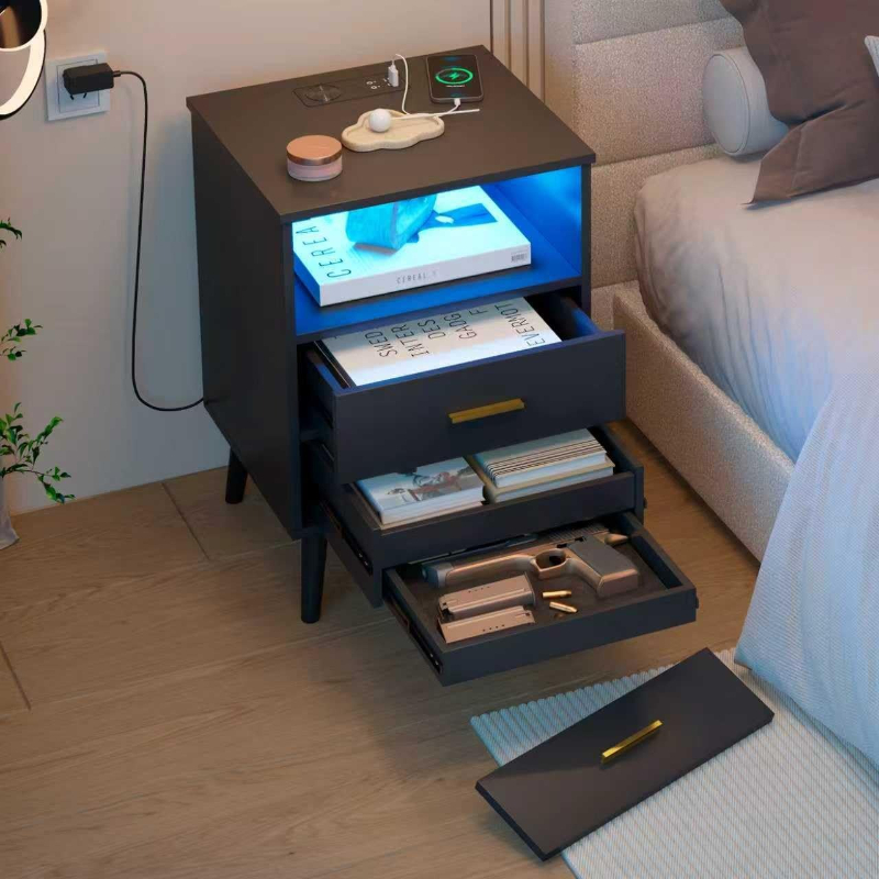 Solid Wood Nightstand 2 Drawers - 引き出し付きナイトスタンド、USB＆Type-Cポート付き充電ベッドサイドテーブル、LED人感センサーライト、モダンなエンド引き出し、寝室用、ブラック