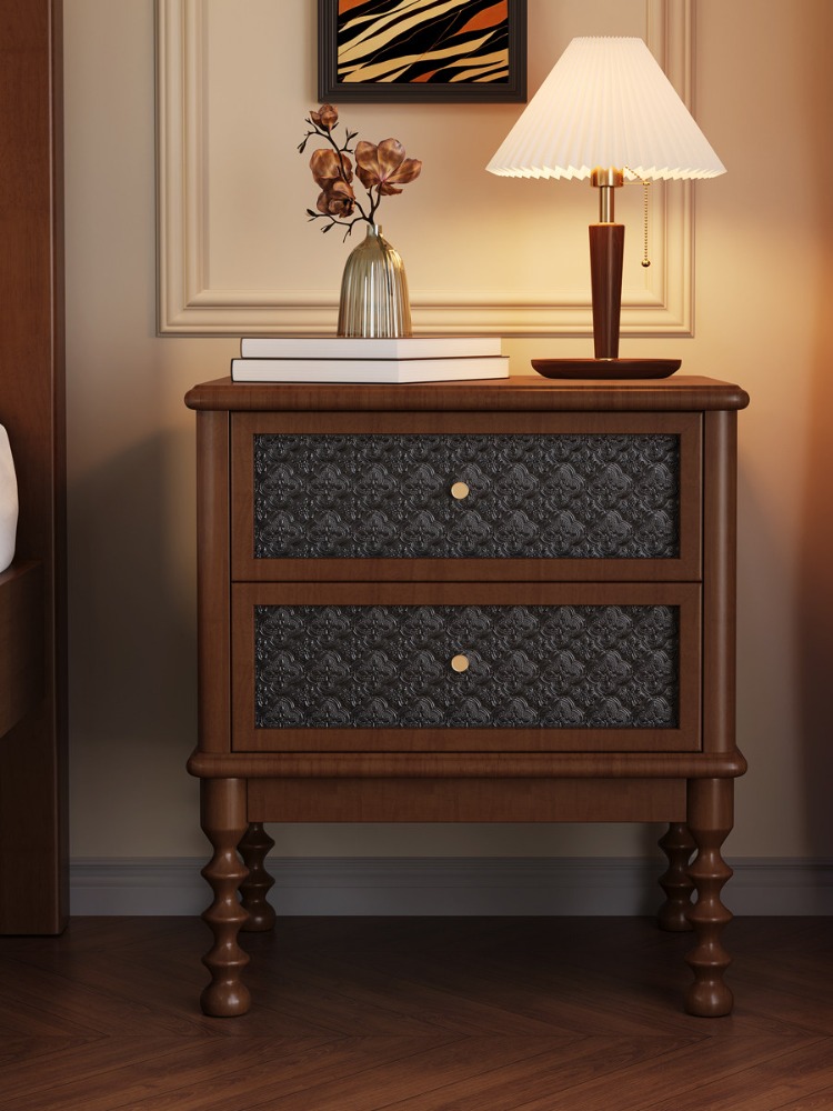 Solid Wood Nightstand 2 Drawers - ヴィンテージナイトスタンドプリントガラス無垢材家具ホームリビングルーム収納キャビネット寝室引き出し付きベッドサイドテーブル