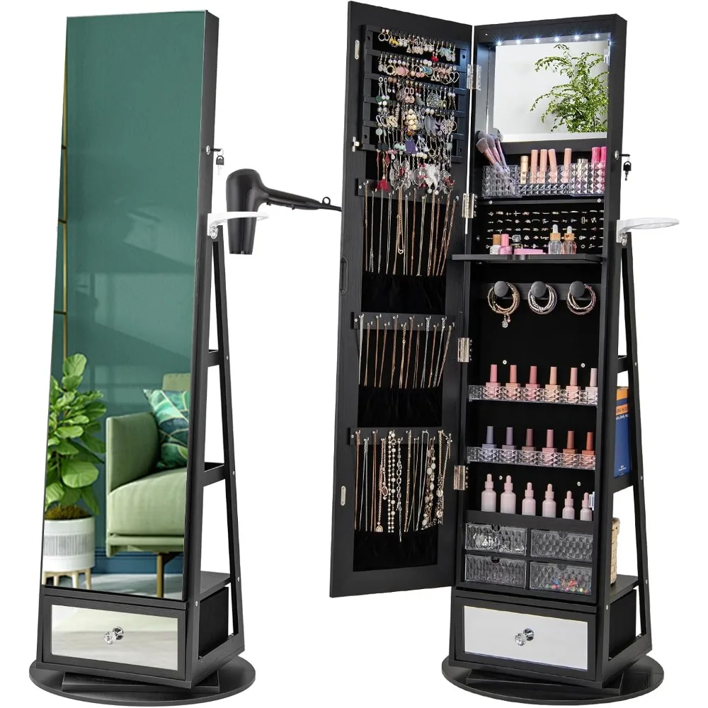 Full Length Mirror Jewelry Armoire - 360 ° 回転式ジュエリーキャビネット アーモワール 高さ64.5インチ、ジュエリー収納付き全身鏡