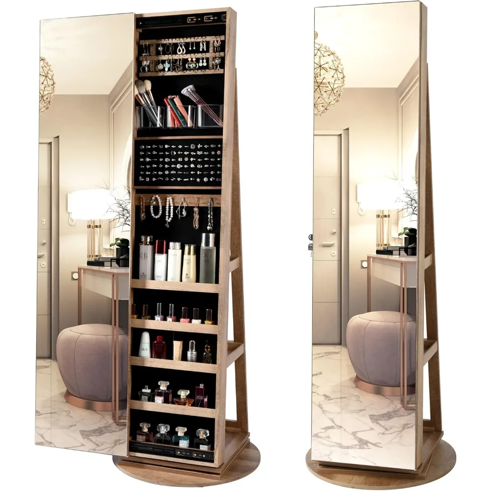 Full Length Mirror Jewelry Armoire - 63インチ大型ジュエリーアーモワールオーガナイザー、鍵付きミラーとジュエリー収納付き360 ° 回転式ジュエリーキャビネット（全身鏡付き）