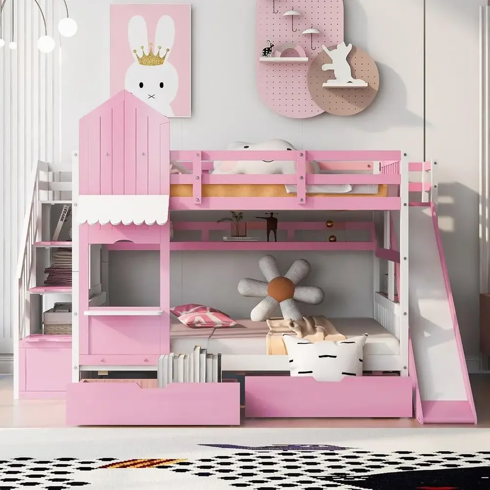 Bunk Bed With Stairs And Slide - 子供用二段ベッド 階段・滑り台・収納引き出し付き 城型 女の子と男の子向け ピンク
