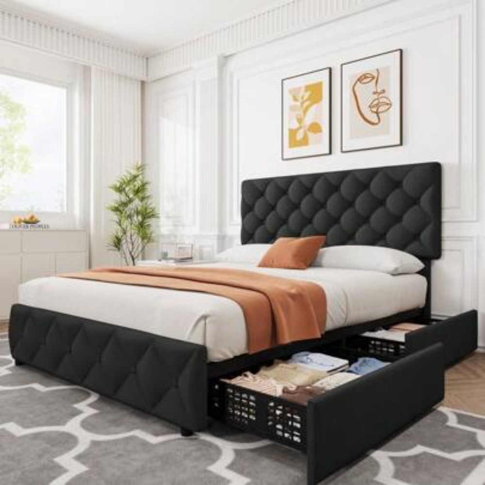 King Size Bed Frame With Storage Drawers - フルクイーンキングサイズベッドフレーム、4つの収納引き出しと調節可能なヘッドボード付き、リネン張りのプラットフォームベッド、ダイヤモンドステッチのボタンタフティング、ボックススプリング不要、頑丈な木製スラットサポート、簡単な組み立て、頑丈な金属フレーム、モダンな寝室家具