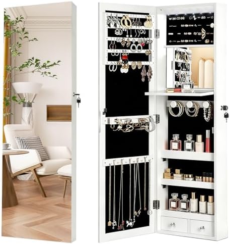 Full Length Mirror Jewelry Armoire - 鍵付きジュエリーキャビネットオーガナイザー、全身鏡付き、6つの自動LEDライト、壁掛け・ドア掛け両用ジュエリーアルモア