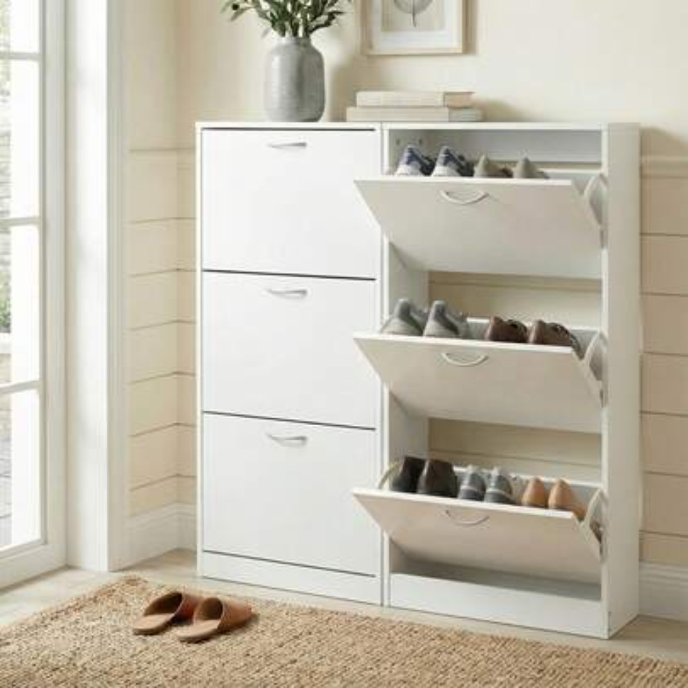 Shoe Rack Cabinet Narrow Entryway - 玄関用シューズキャビネット、3つのフリップドロワー付き木製スリムシューズラック、3段薄型シューズオーガナイザー、自立型省スペース廊下クローゼット家具、ホワイト、奥行き11.8インチ