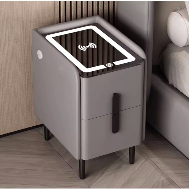 Solid Wood Nightstand 2 Drawers - 北欧スタイルのスマートベッドサイドテーブル、ワイヤレス充電機能付き、無垢材、2つの引き出し、U字型サイドキャビネット付き、幅25cm