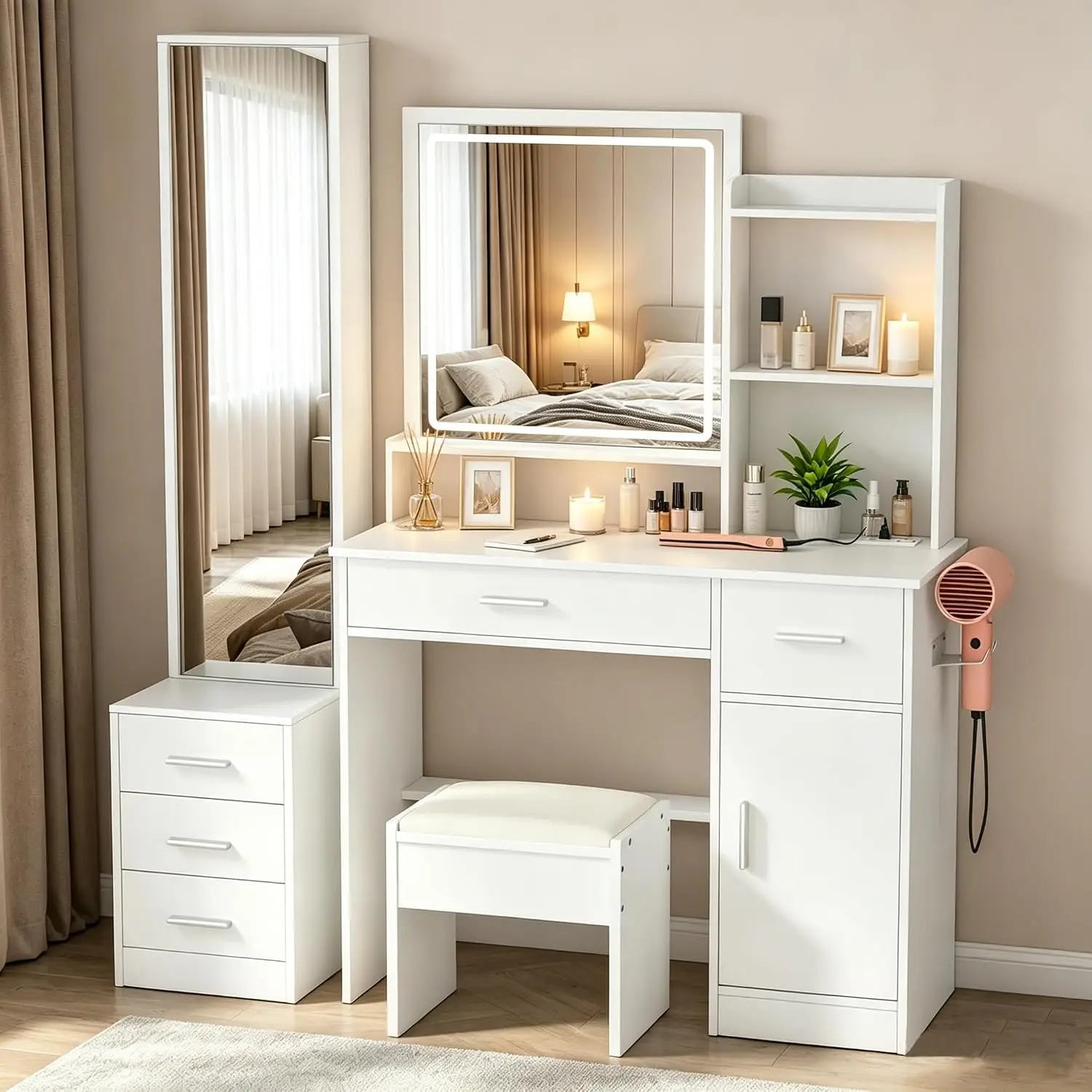 Dressing Table Vanity With Lighted Mirror - INTERGREAT メイクアップバニティ、ライトとミラー付き、ホワイトバニティデスク、大型引き出し付きドレッシングテーブル、3つの照明モード、フルレングス