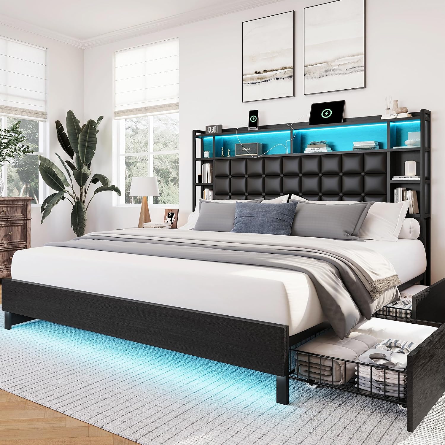 King Size Bed Frame With Storage Drawers - キングサイズ木製ベッドフレーム、収納引き出しとLEDヘッドボード付き | フェイクレザー張りのプラットフォームベッドフレーム、収納付きブックケース