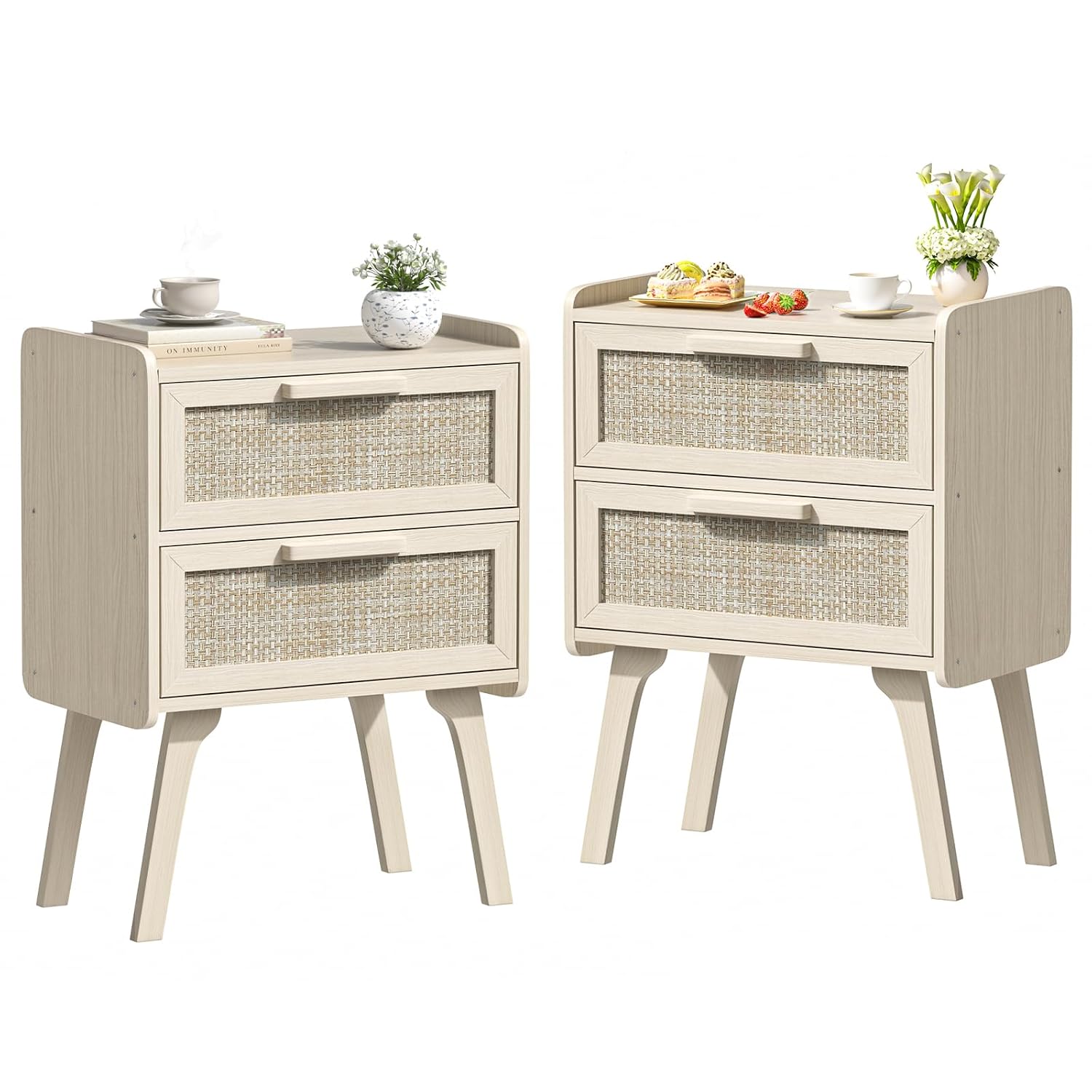 Solid Wood Nightstand 2 Drawers - ラタン製ナイトスタンド2個セット、2つの引き出し付きベッドサイドエンドテーブル、無垢材の脚付き、寝室や寮の狭いスペースに最適、カスタマイズ可能