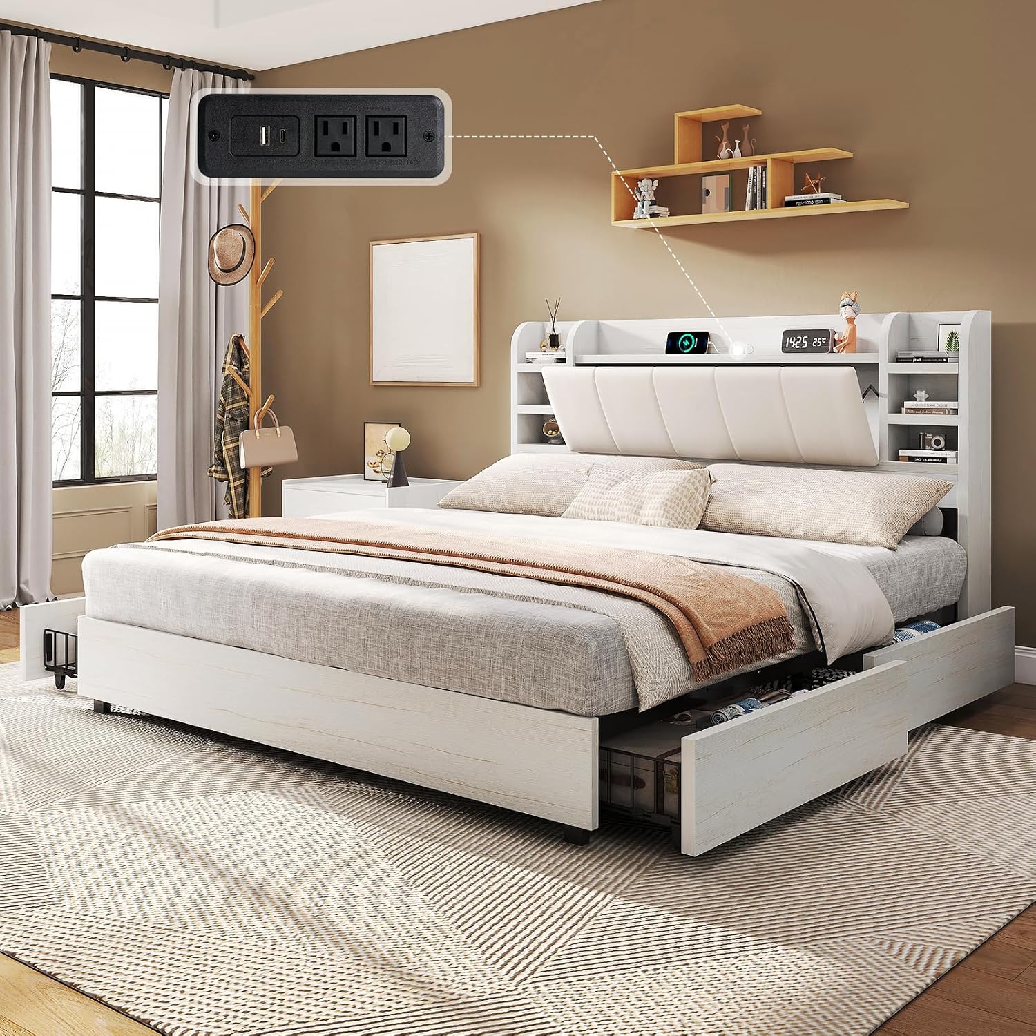 King Size Bed Frame With Storage Drawers - キングサイズ布張りプラットフォームベッド、本棚付きヘッドボード、4つの引き出し、充電ステーション、金属製収納フレーム、ボックススプリング不要、ホワイト