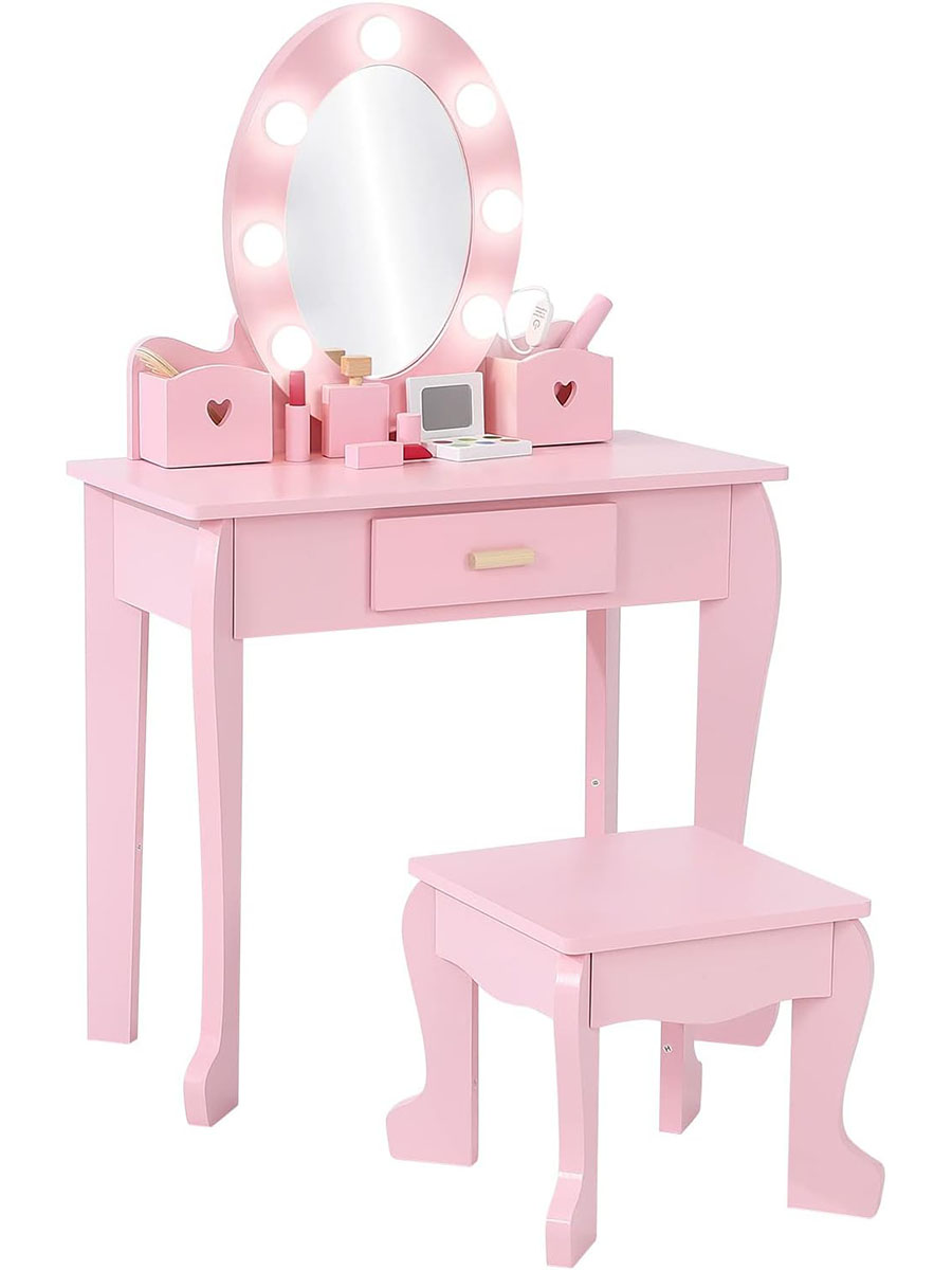 Dressing Table Vanity With Lighted Mirror - 子供用ドレッシングテーブルとスツールセット（ライト＆ミラー付き）、子供用化粧台（引き出し＆収納ボックス2個付き）、4～9歳向け子供用化粧台セット、寝室・プレイルーム用プリンセスメイクアップテーブル
