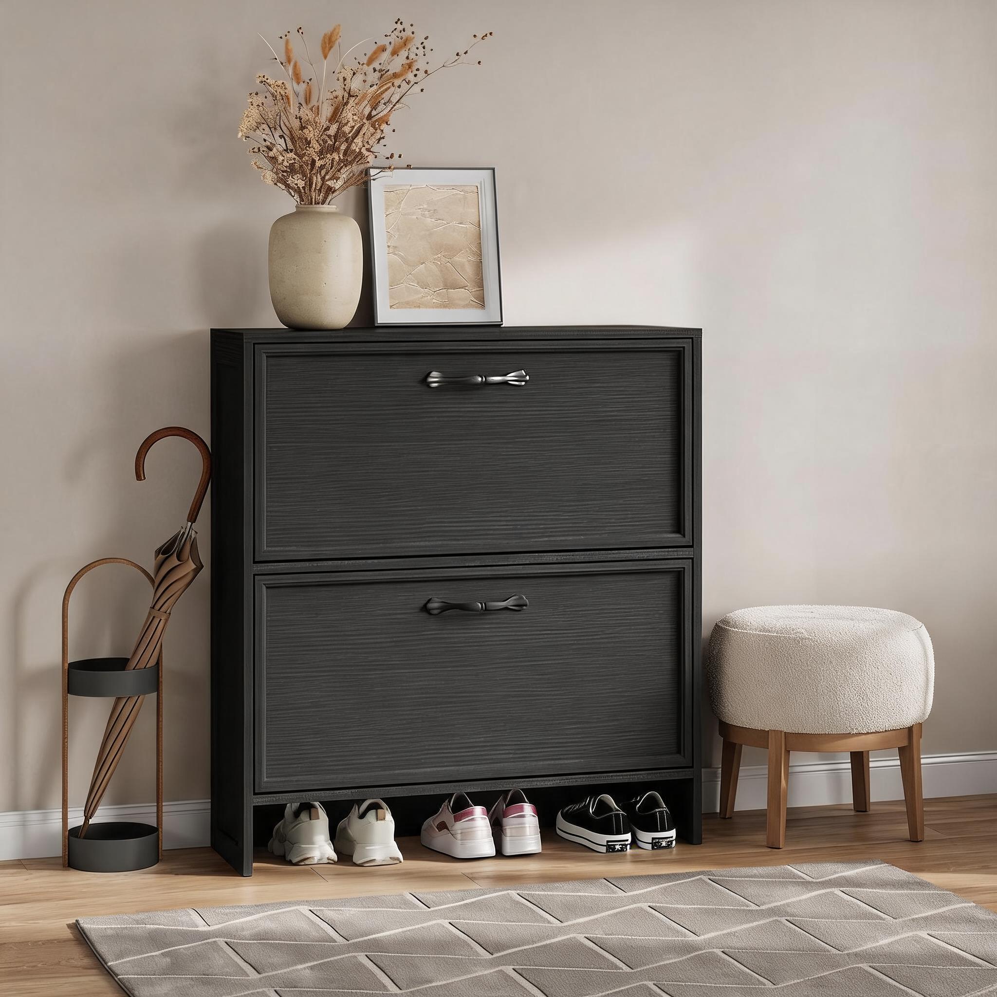 Shoe Rack Cabinet Narrow Entryway - 2つのフリップ式引き出し付きシューズキャビネット、調節可能な棚板付き、省スペースの狭い玄関オーガナイザー、10足以上の靴を収納可能、廊下やリビングルーム用の隠し収納