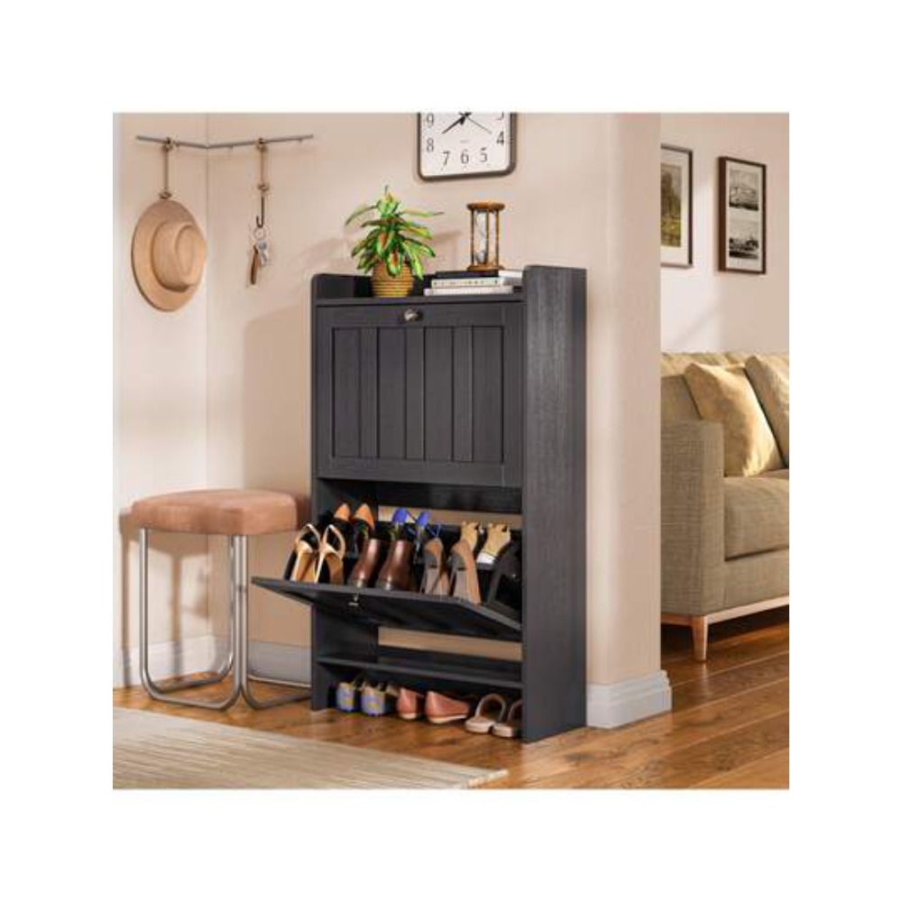 Shoe Rack Cabinet Narrow Entryway - 2つのフリップドア付きシューズキャビネット、玄関用シューズオーガナイザー収納、省スペース設計の自立型スリムラックキャビネット、廊下、クローゼット、寝室用、ブラック