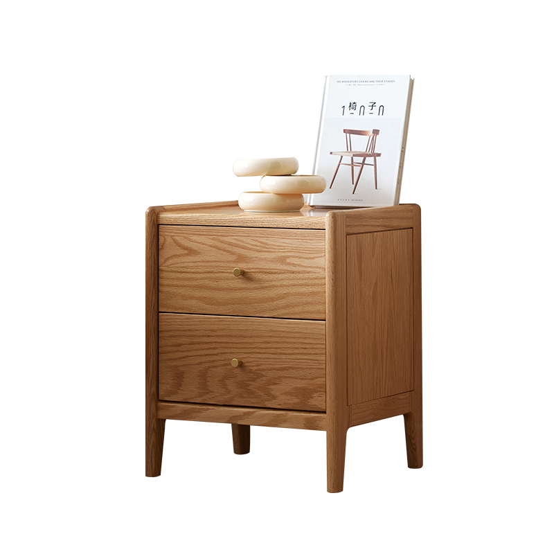 Solid Wood Nightstand 2 Drawers - 無垢材オーク材寝室家具 北欧スタイル ナイトスタンド 2段引き出し ミニマリスト木製ベッドサイドテーブル アパート