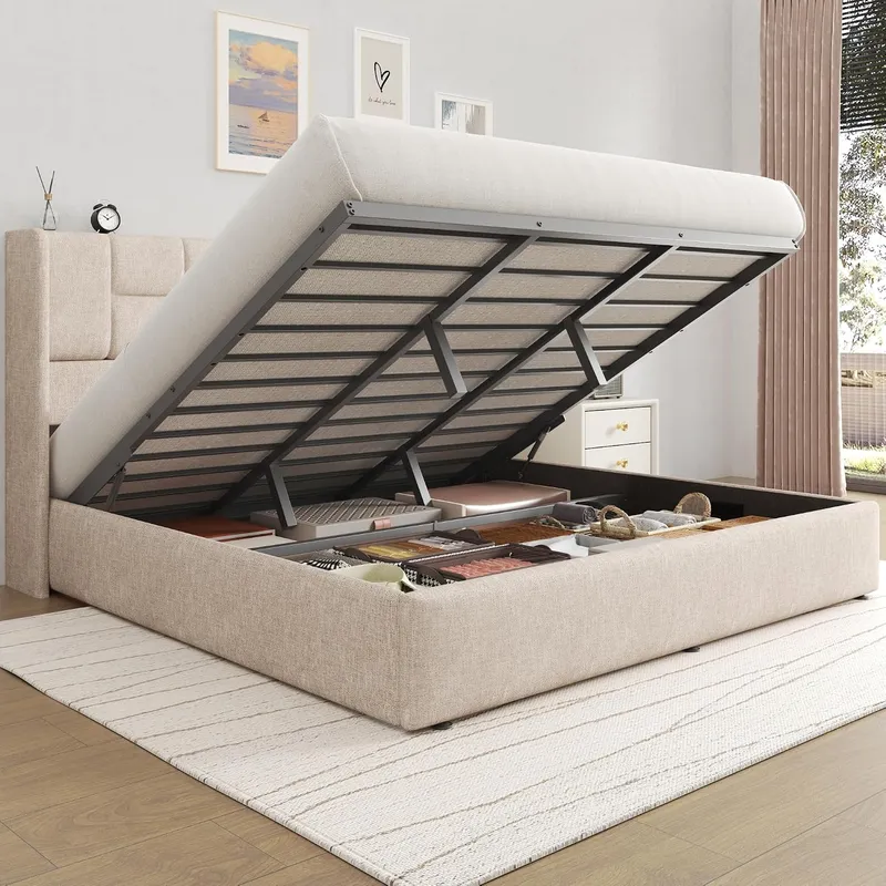 Gas Lift Storage Bed Hydraulic - 油圧式ガスリフトアップ収納付きリネン張りベッドフレーム