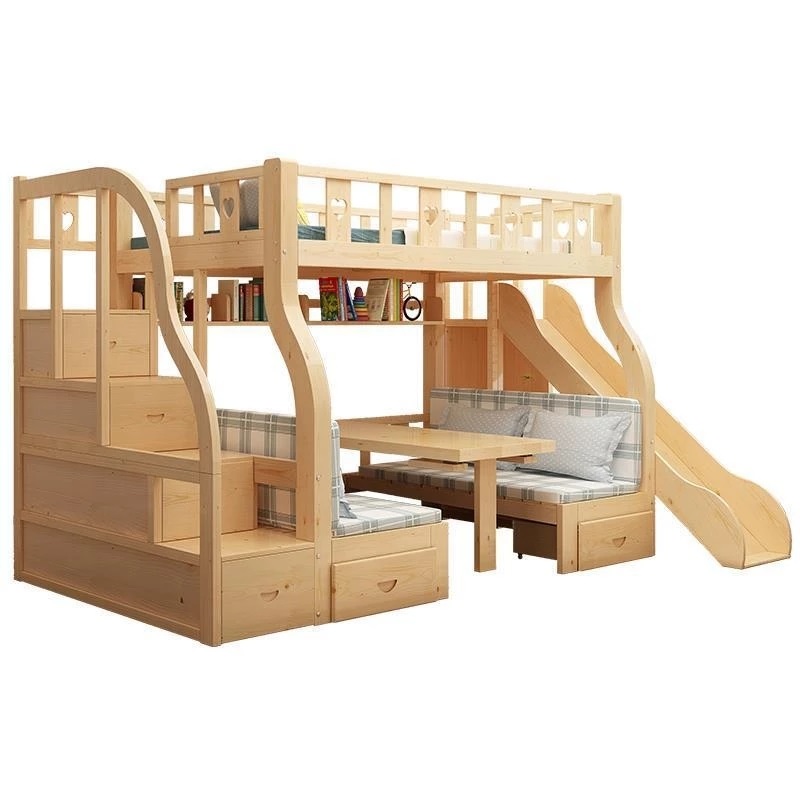 Bunk Bed With Stairs And Slide - 多機能二段ベッド、無垢材収納引き出し付き、調節可能な子供用・大人用二段ベッド、デスク、スライド階段付き