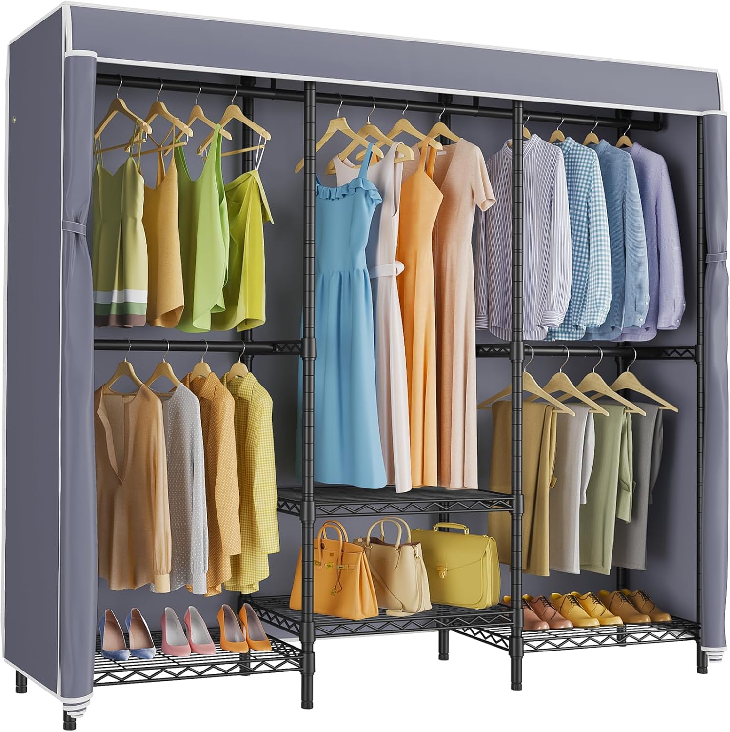 Wardrobe Closet Portable Fabric Cover - 調節可能な棚付きカバー付き衣類ラック、頑丈な自立型ポータブルクローゼット収納システム、オックスフォード生地カバー付き大容量ワイヤー衣類ワードローブオーガナイザー、ブラックとグレー