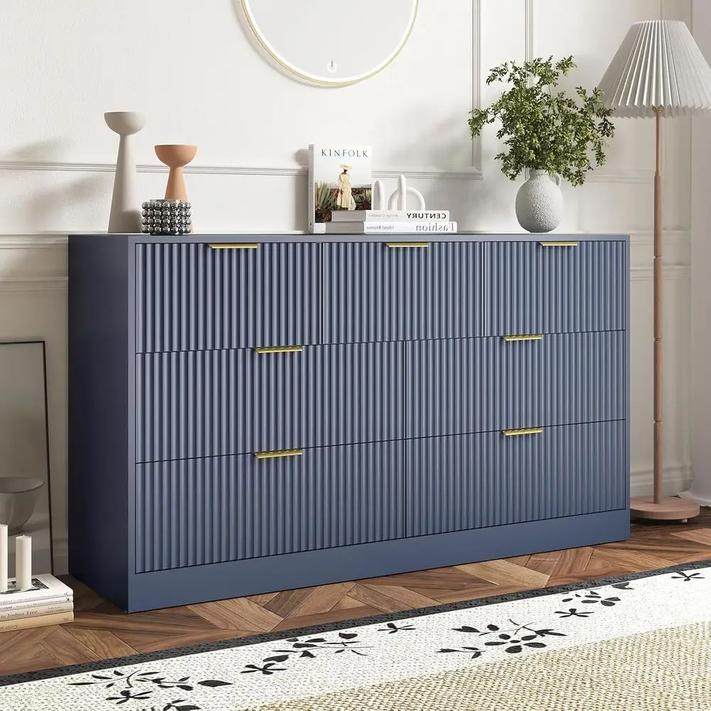 Bedroom Furniture - 幅55インチの寝室用ドレッサー、深い引き出し付き、エレガントなチェスト、リビングルームや廊下用の木製テレビスタンドオーガナイザー、ブルー