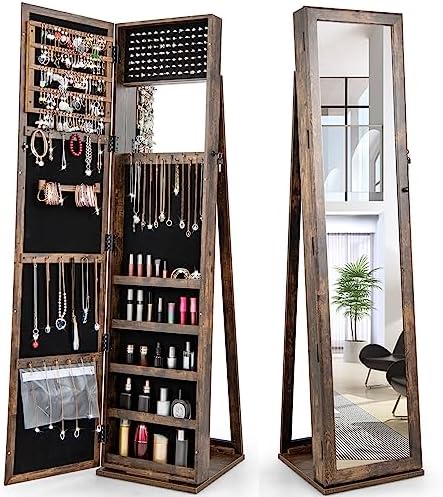 Full Length Mirror Jewelry Armoire - 全身鏡付きジュエリーアルモア、ロック可能な大型収納付き自立型ジュエリーキャビネットオーガナイザー