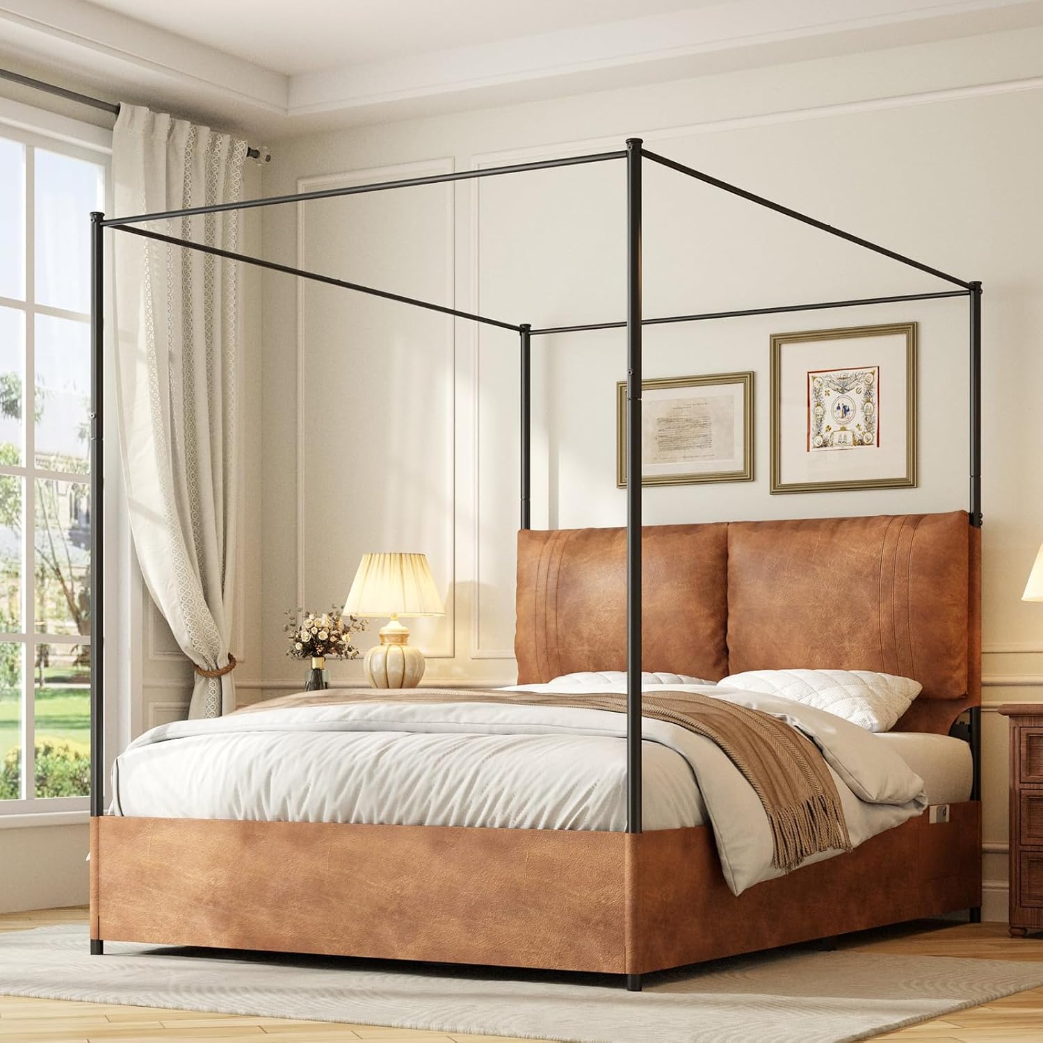 Canopy Bed Frame Metal Queen - クイーンサイズの天蓋付きベッドフレーム、背の高い布張りフェイクレザーヘッドボード付き | モダンな四柱式メタルプラットフォームベッド、カスタマイズ可能