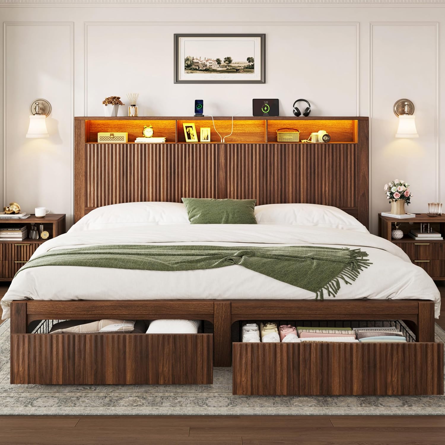 King Size Bed Frame With Storage Drawers - キングサイズベッドフレームとヘッドボード、収納引き出し2つ、ウォールナット | LEDライトと充電ポート、ファームハウス風の波型デザイン、カスタマイズ可能