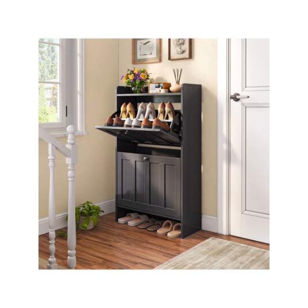 Shoe Rack Cabinet Narrow Entryway - 自立型スリムシューズキャビネット、2つのフリップドア付き、玄関用シューズオーガナイザー収納ラック、省スペース廊下キャビネット、寝室やクローゼット用コンパクトシューズラック、ブラック