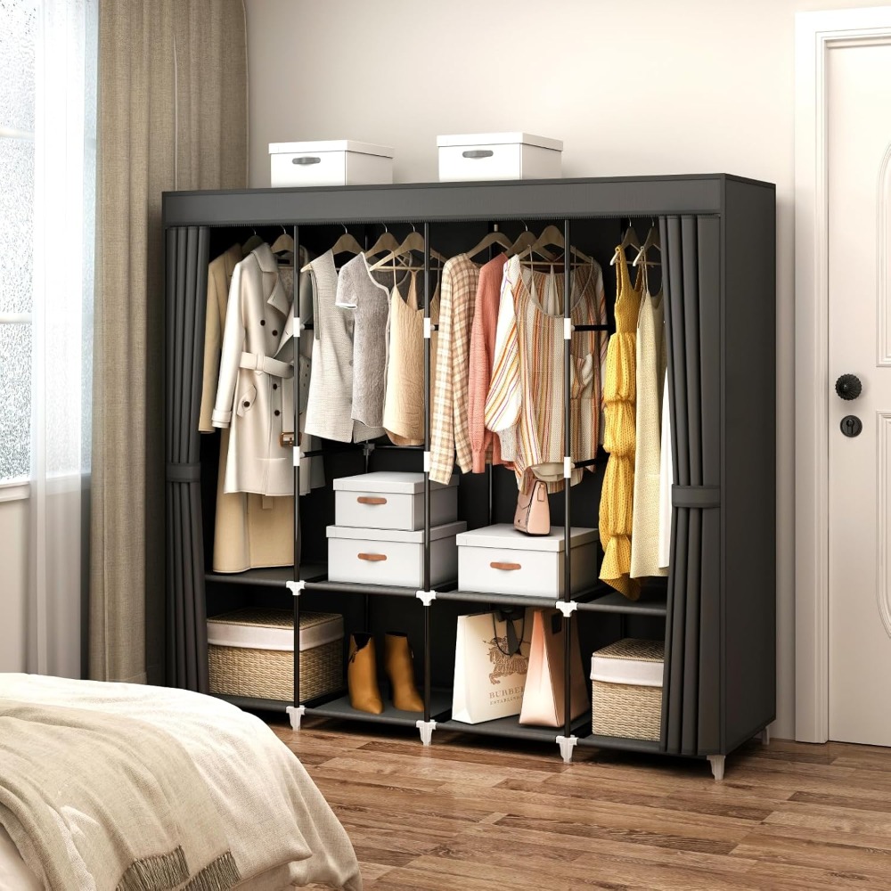 Wardrobe Closet Portable Fabric Cover - 米国発送 ポータブルクローゼットワードローブ 67インチ 衣類オーガナイザー 吊り下げロッド4本付き 8段棚