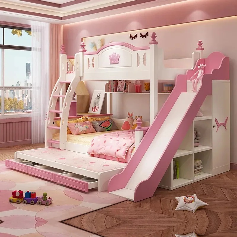 Bunk Bed With Stairs And Slide - 子供部屋家具 子供用二段ベッド 階段付き 子供部屋セット キッズ二段ベッド スライド付き