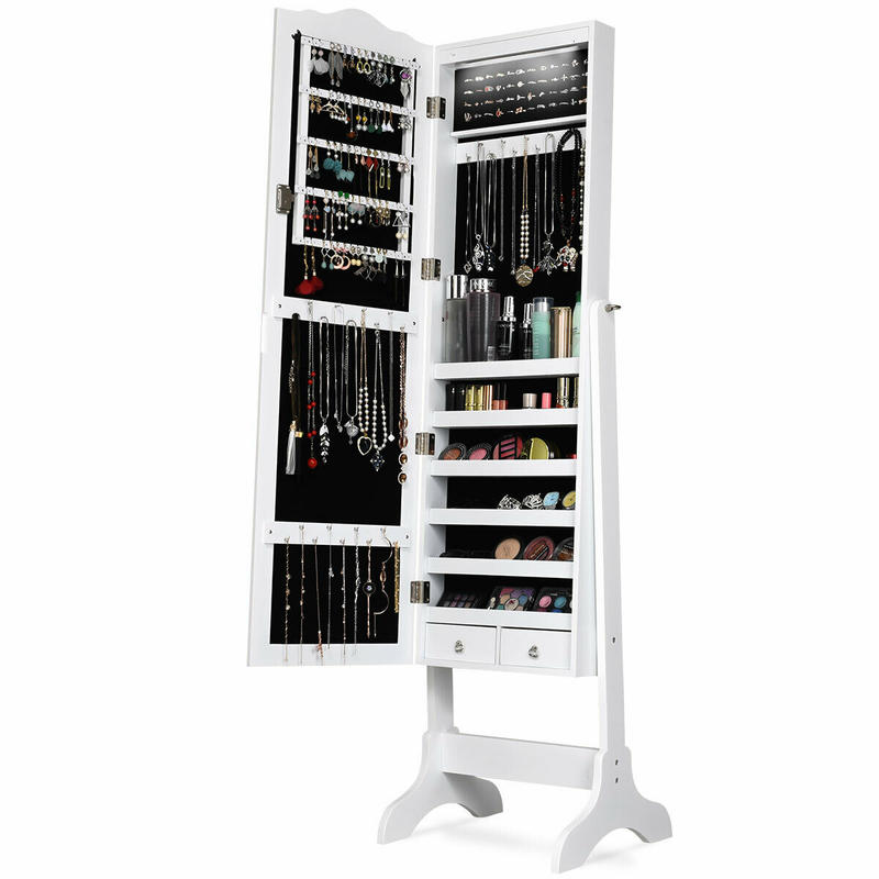 Full Length Mirror Jewelry Armoire - 14 LEDライト付きジュエリーアルモアキャビネット、全身鏡と4つの角度調整可能な鏡付き-ホワイト
