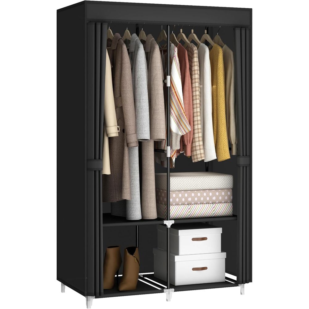 Wardrobe Closet Portable Fabric Cover - 小さな部屋用のポータブルクローゼットワードローブ、吊り下げロッド、棚、カバー付き | 衣類吊り下げ棒2本、棚4枚、不織布製コーブ
