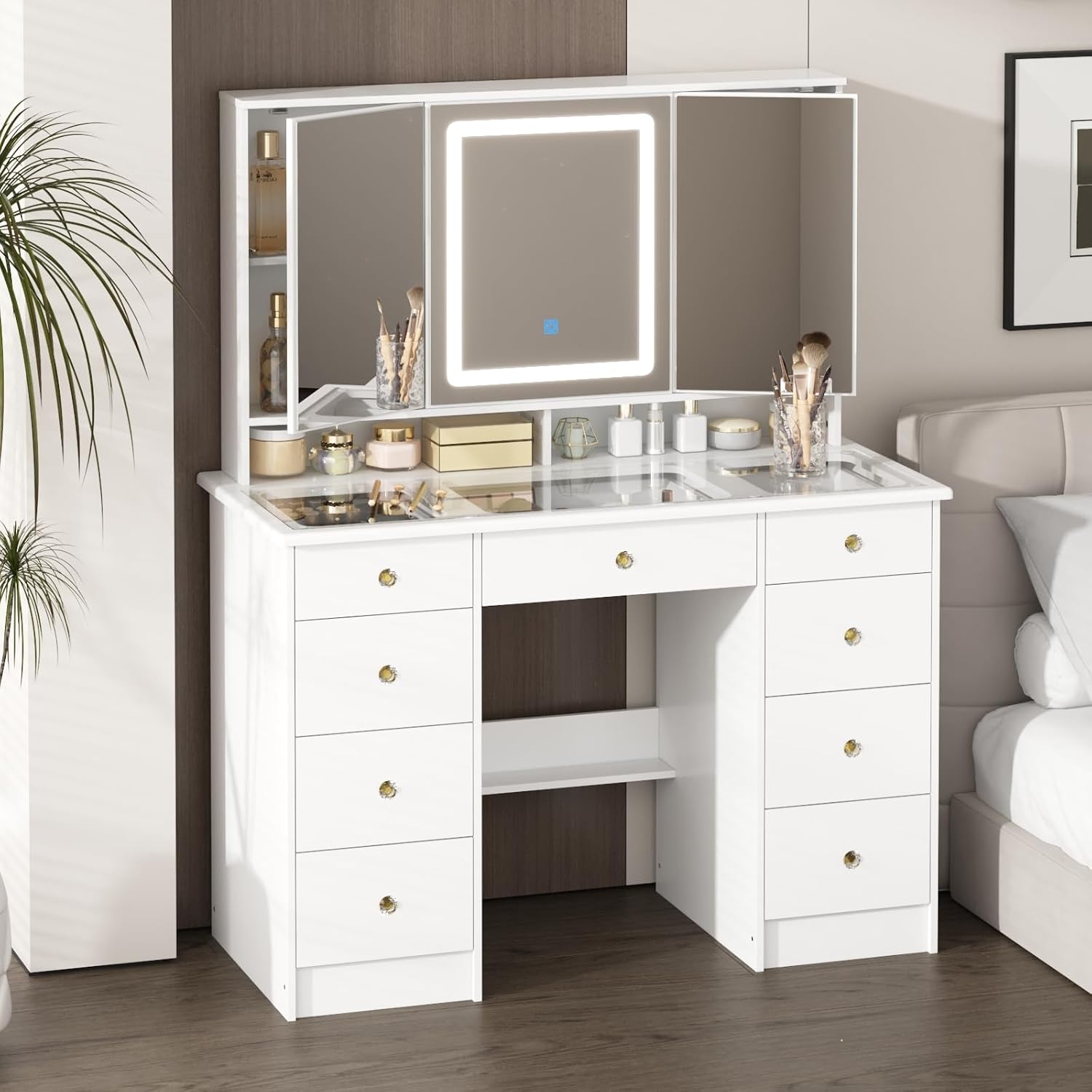 Dressing Table Vanity With Lighted Mirror - 鏡とライト付きの化粧台、大きなガラス天板の化粧台 | 9つの引き出しと隠し棚付き、モダンなドレッシングテーブル、カスタムメイド