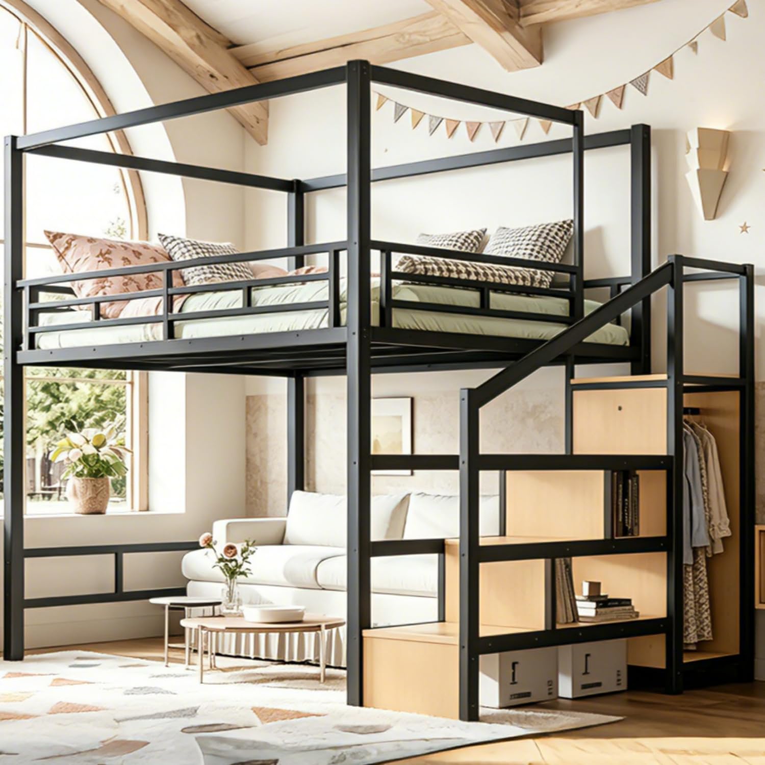 Canopy Bed Frame Metal Queen - クイーンロフトベッド、収納階段とワードローブ付き、金属製キャノピーフレーム、大人用ヘビーデューティー、ボックススプリング不要、ブラックナチュラル、カスタマイズ可能