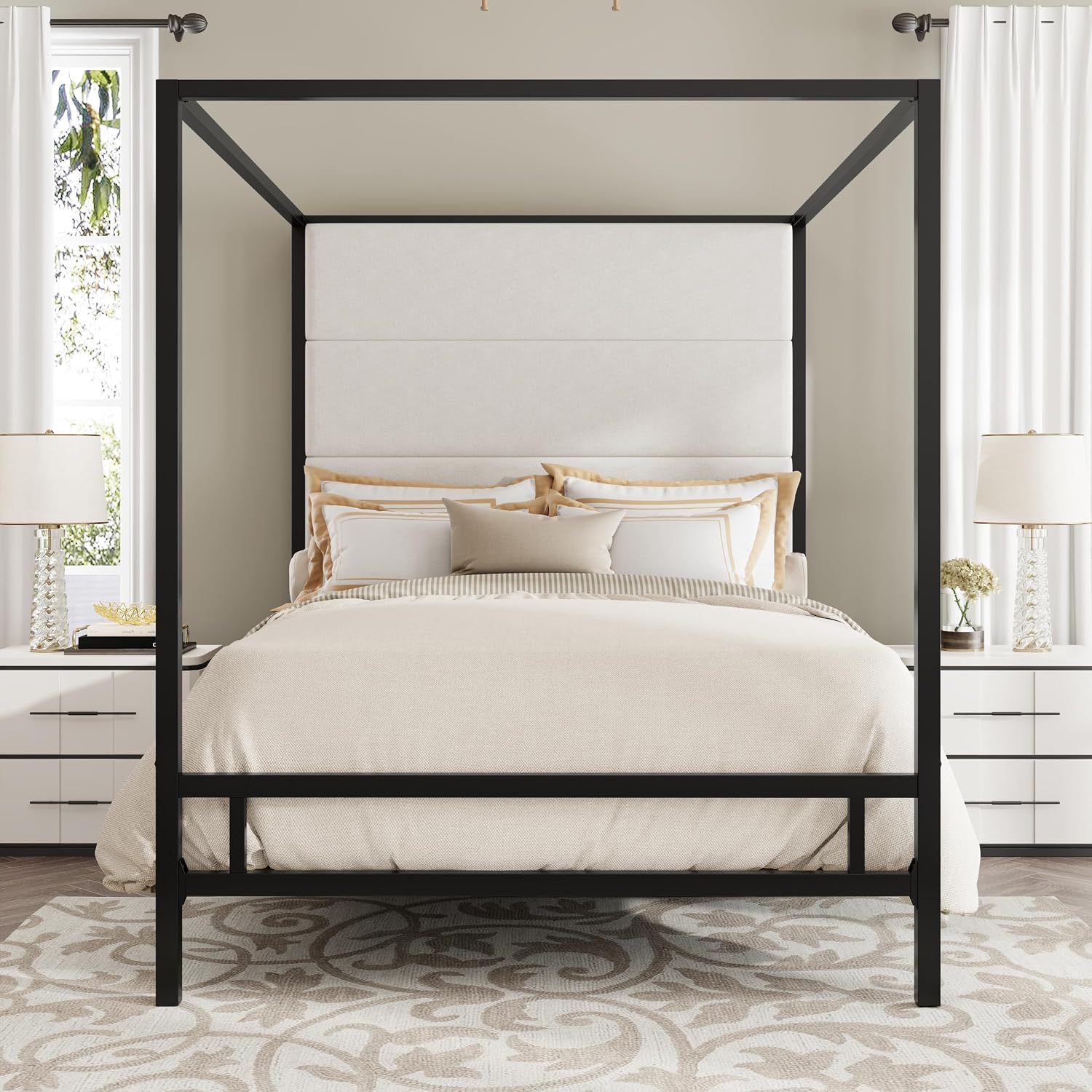 Canopy Bed Frame Metal Queen - クイーンサイズのキャノピーベッドフレーム、金属製4ポスタータイプ、布張りヘッドボード、頑丈なプラットフォーム、組み立て簡単、カスタマイズ可能